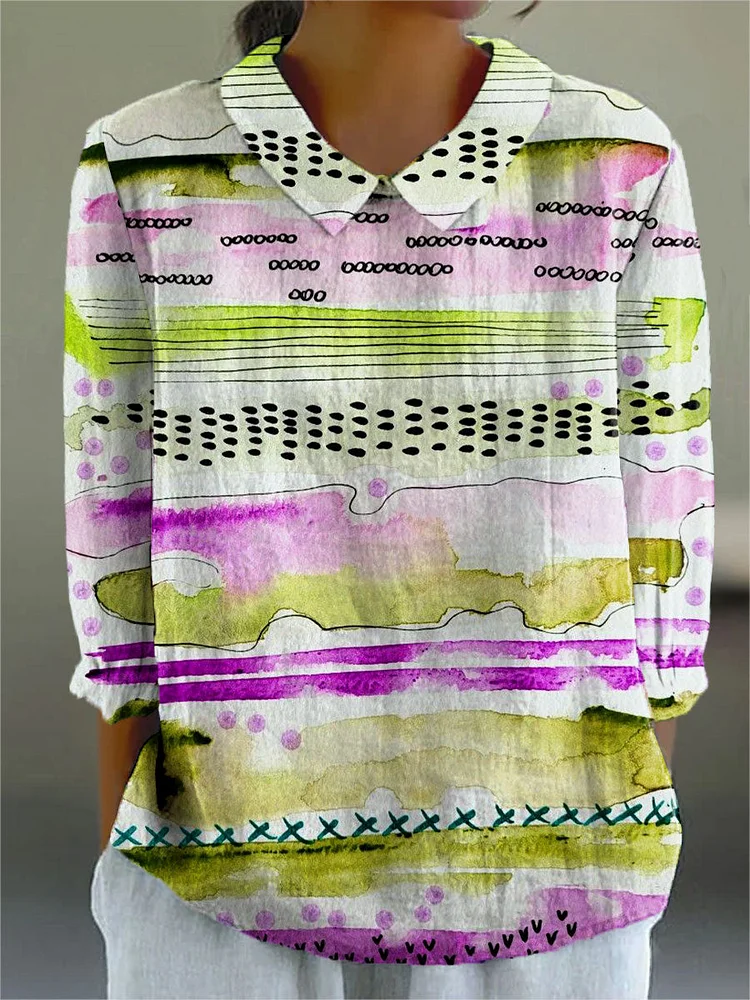 Women's Bright Abstract Smudge Art Print Casual Cotton And Linen 3/4 Sleeve Shirt