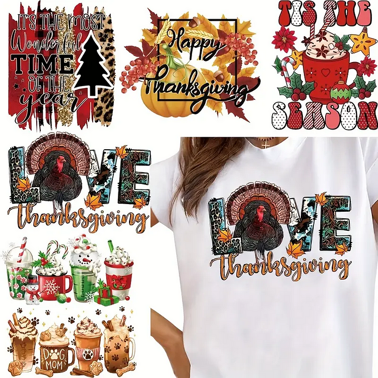 6pcs/set Thanksgiving Day Patches Washable Heat Transfer For T-Shirt Arts Craft Home Decors