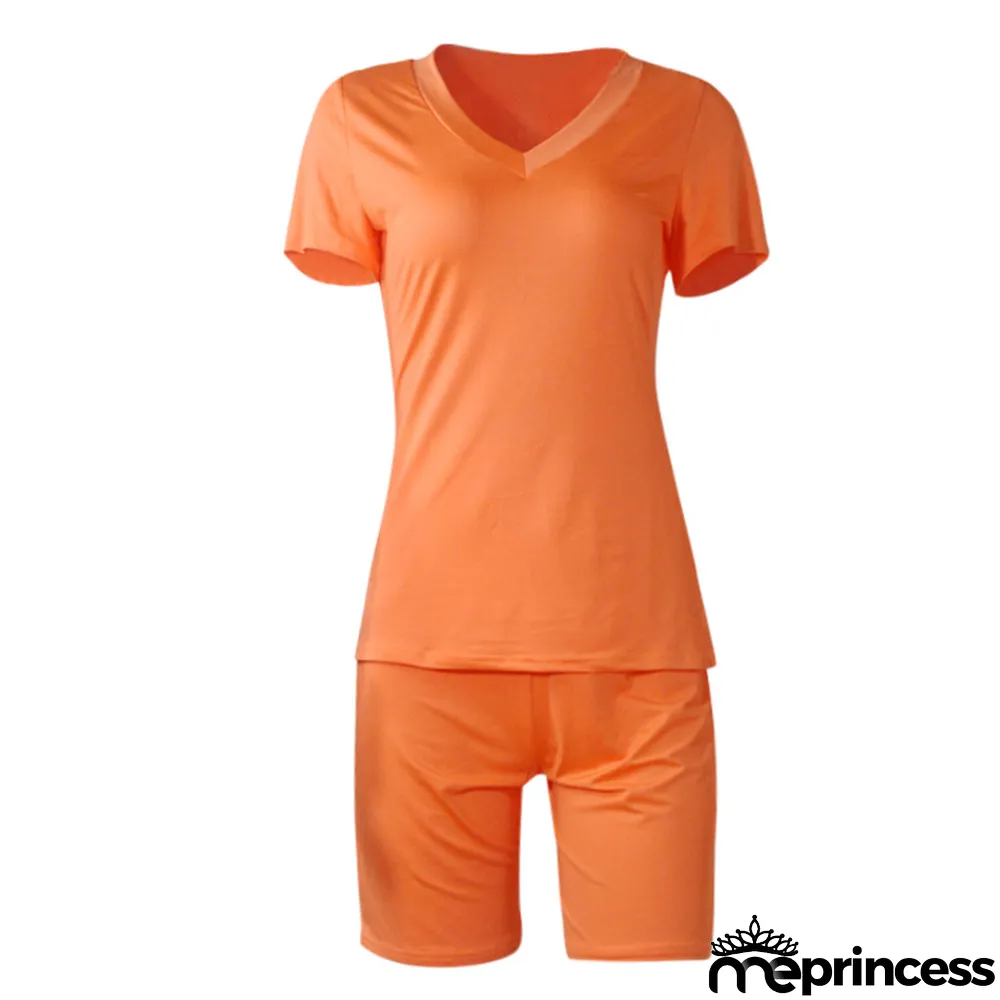 Plus Size Solid V Neck T Shirt And Shorts 2 Piece Sets