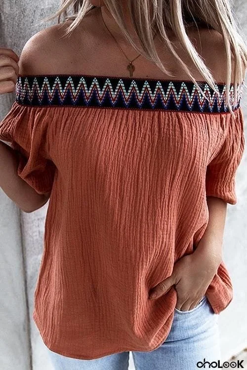 Off Shoulder Short Sleeve Loose Blouse