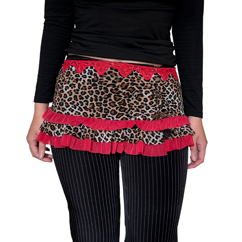 Crbang Y2K Skirt Leopard Drawstring Harajuku Streetwear Gothic Retro Mini Skirt Hip Hop Spicy Girls Low Rise Skirts Punk Fashion Dress