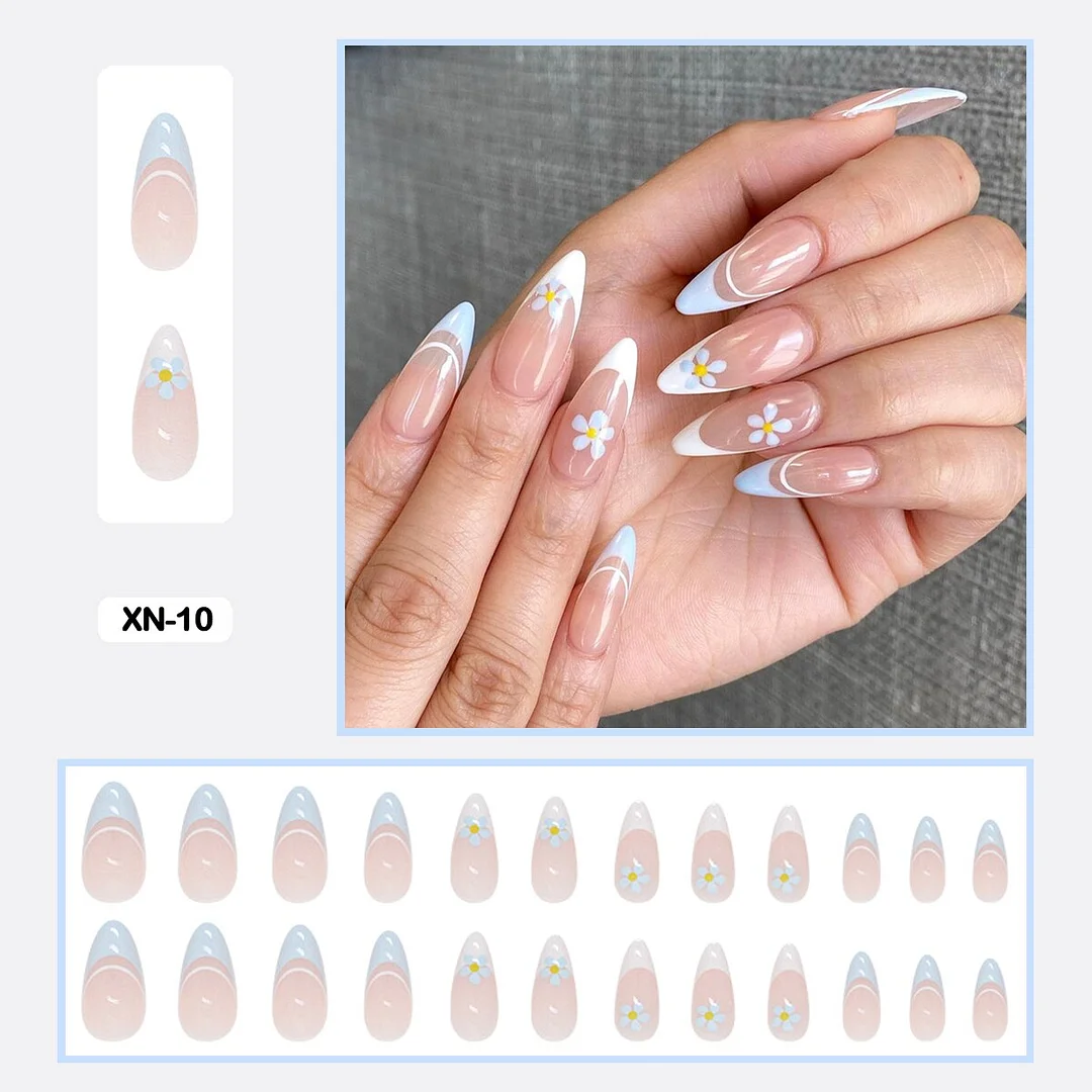 24pcs Fresh Lovely Pink Purple Blue Summer Flower Water Drop Shaped Fake Nails With Glue Wearable False Nails With Wearing Tools-Nail Inspo