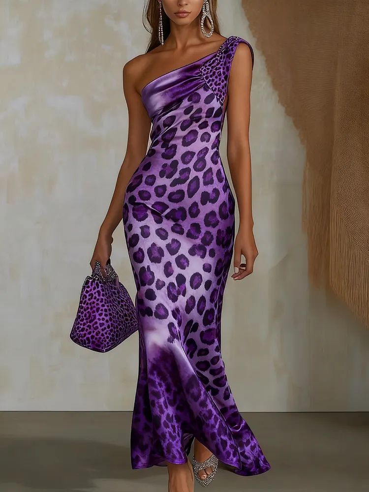 One shoulder print satin maxi dress