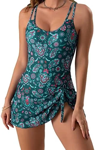 Women's Floral One Piece Swimdress Tummy Control Swimsuit 