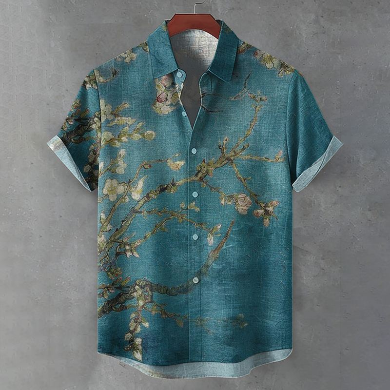 Men's Retro Apricot Blossom Artistic Casual Linen Shirt  artssus