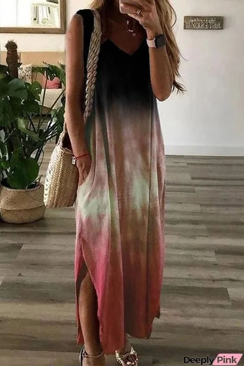 Gradient V Neck Pockets Slit Maxi Dress