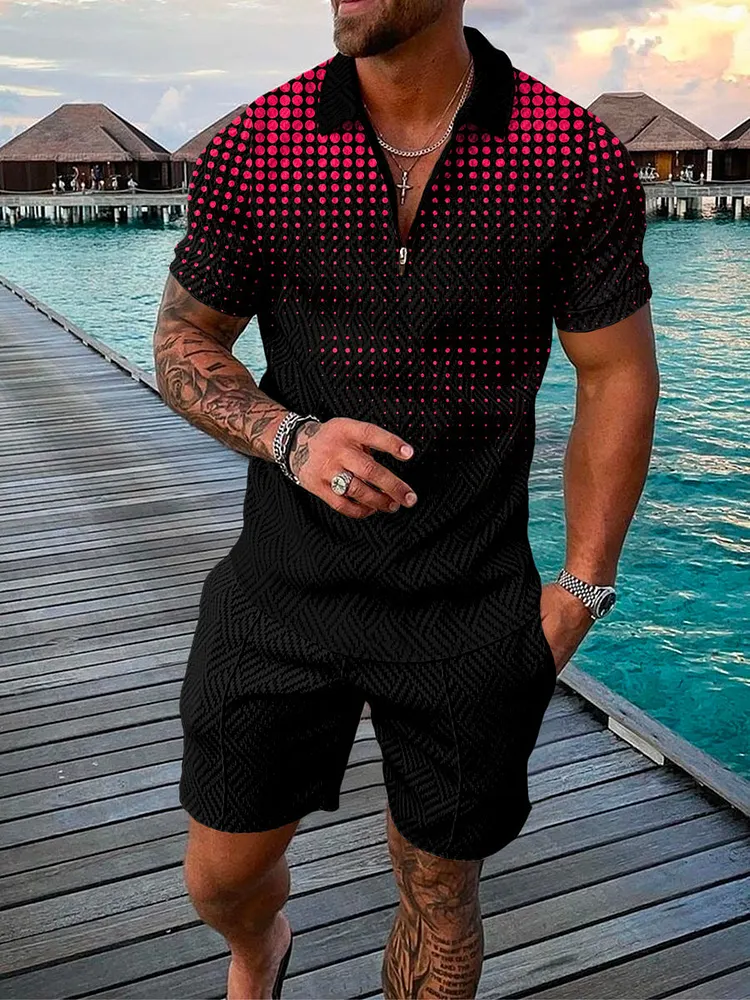 Men's Fashion Printed  Zip Polo Shirt and Shorts Two-Piece Suits