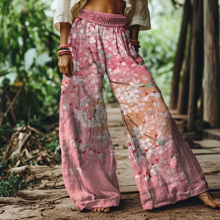 Vintage Floral Art Print Loose Pants