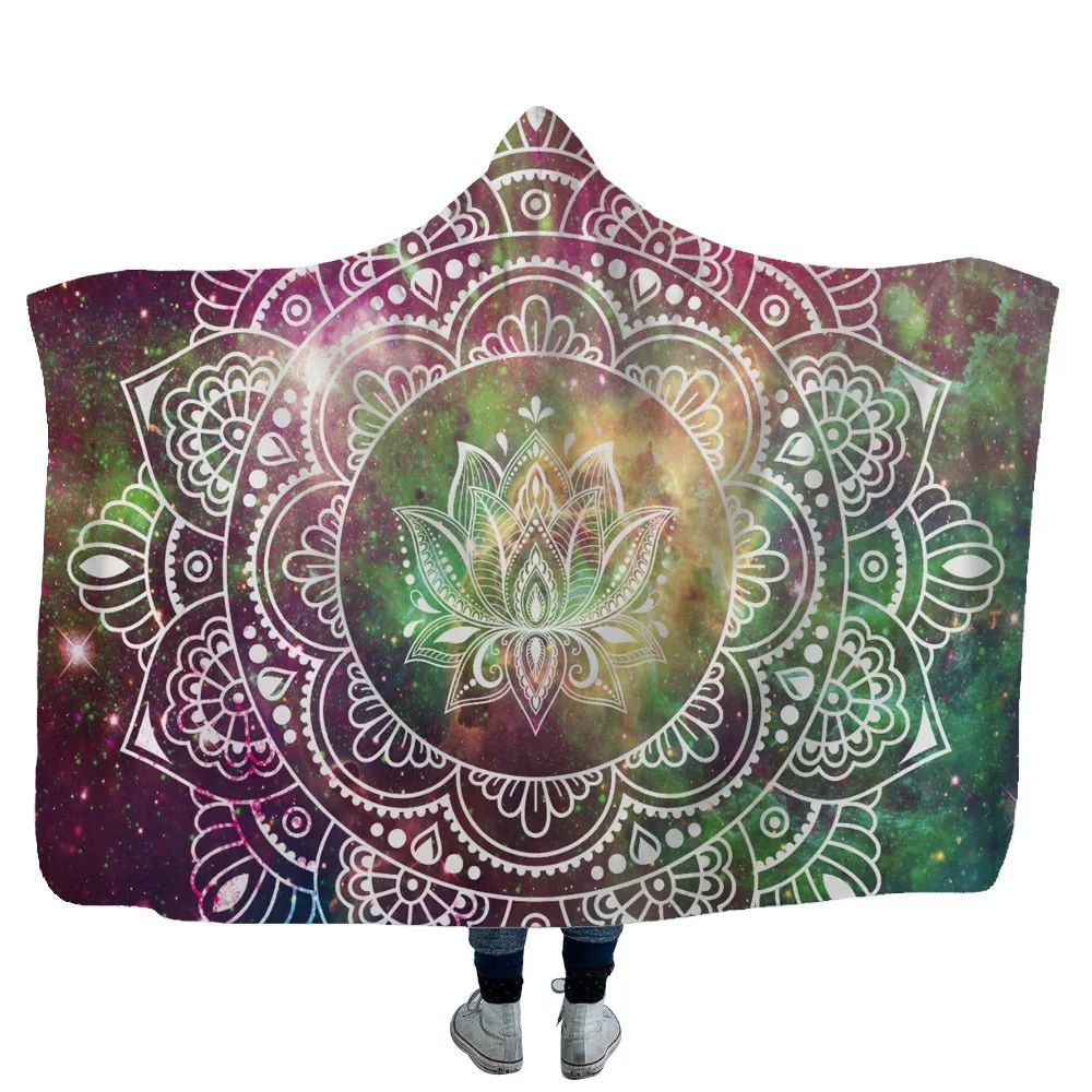 Mandala Hooded Blanket For Adults Childs 3D Printed Sherpa Fleece Blanket Microfiber Wearable Throw Blanket For Home Travel Sofa