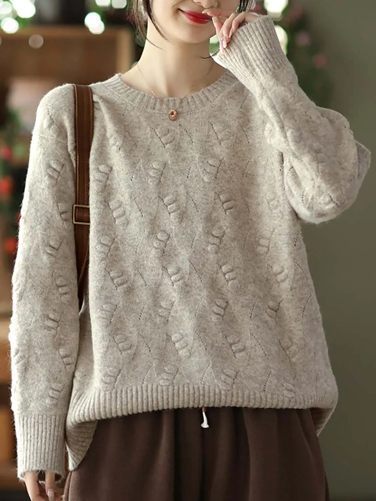 Women Winter Vintage Knitted Solid Warm Loose Sweater
