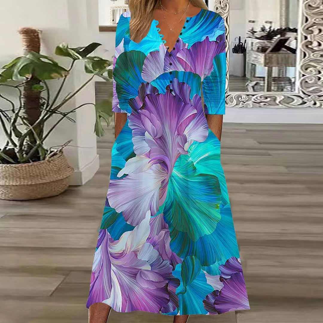 Women Graphic,Blue DZHB8385 Long Sleeve V-Neck Graphic Printed Midi Dress