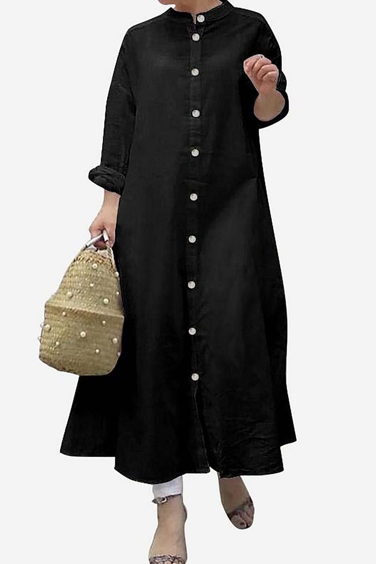 Stand Collar Button Down Linen Long Sleeve Maxi Dress