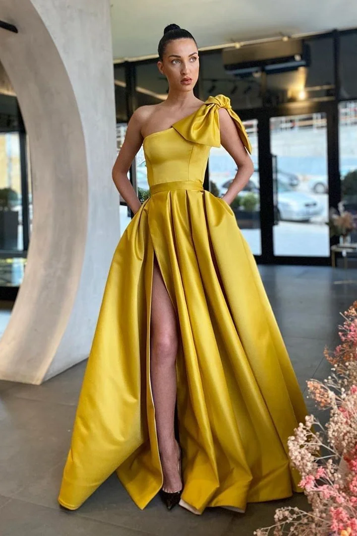 Daisda Yellow Split One-Shoulder Prom Dress With Pockets