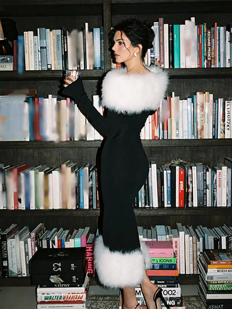 OOTDGIRL Luxurious Women's Evening Dresses Sexy One Shoulder Patchwork Fur Dress Elegant Long Sleeved Slim Ladies Gowns Mermaid Vestidos