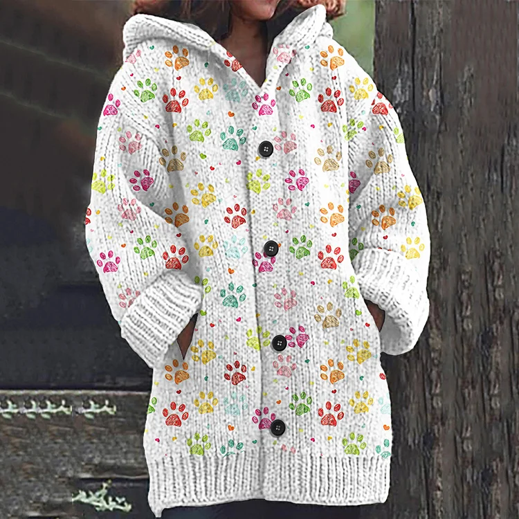 Dog Paw Print Knitted Hooded Cardigan