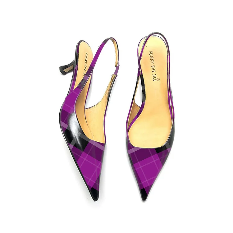 Elegant Purple Plaid Patent Leather Kitten Heel Slingback Dress Shoes |FSJ Shoes