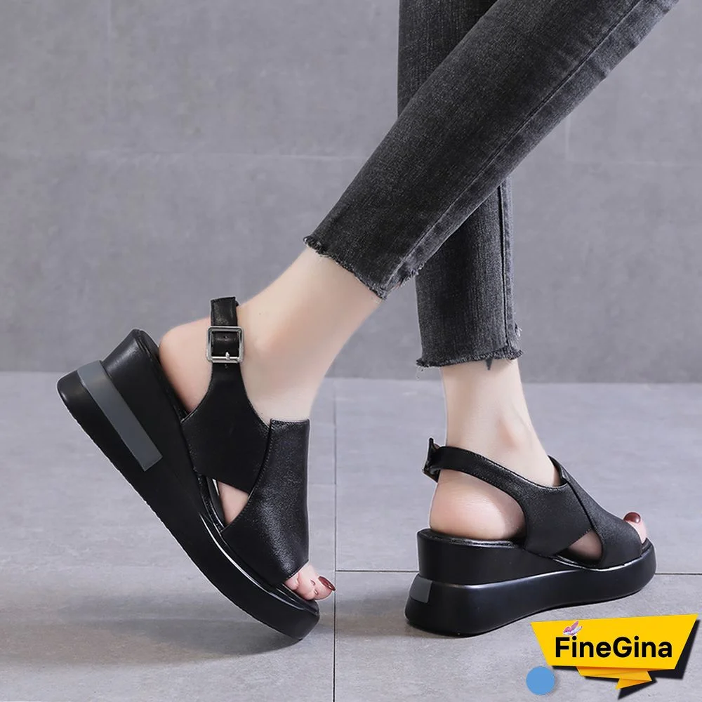 Summer Wedge Shoes For Women Sandals Solid Color Open Toe High Heels Casual Ladies Buckle Strap Fashion Female Sandalias Mujer