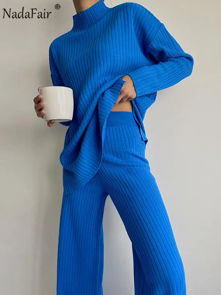 UForever21 Knitted Womens Sets 2Piece Outfits Solid Casual Pullover Tops Hight Waist Pants 2022 Winter Oversize Sweater Suits Blue