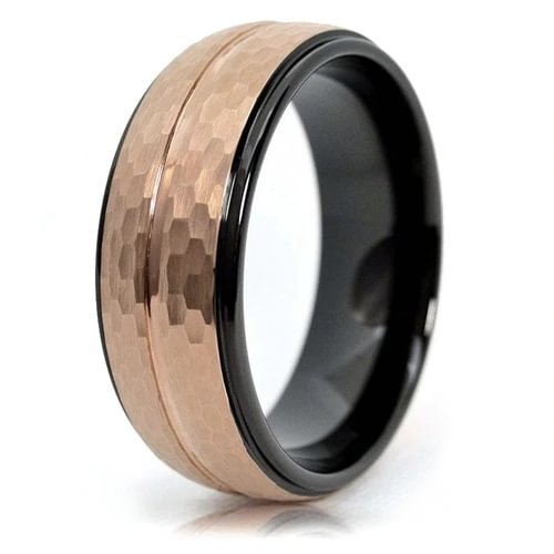 Women's Or Men's Tungsten Carbide Wedding Band Matching Rings,Duo Tone Black Band With Rose Gold Hammered Grooved Finish Top Ring With Mens And Womens For Width 4MM 6MM 8MM 10MM