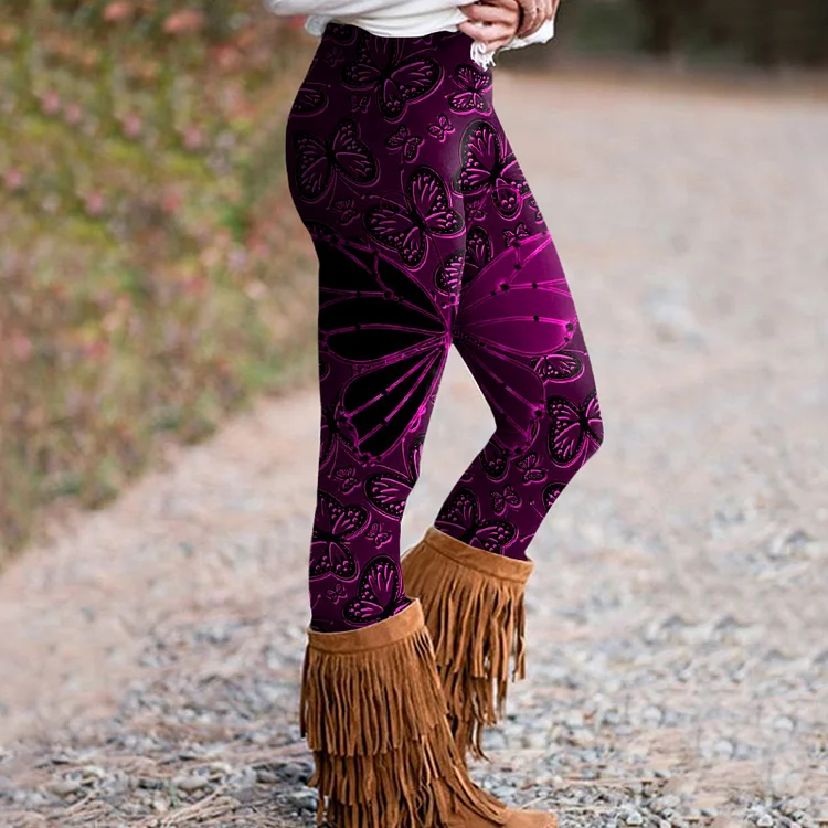 Vintage Colorblock Butterfly Print Leggings