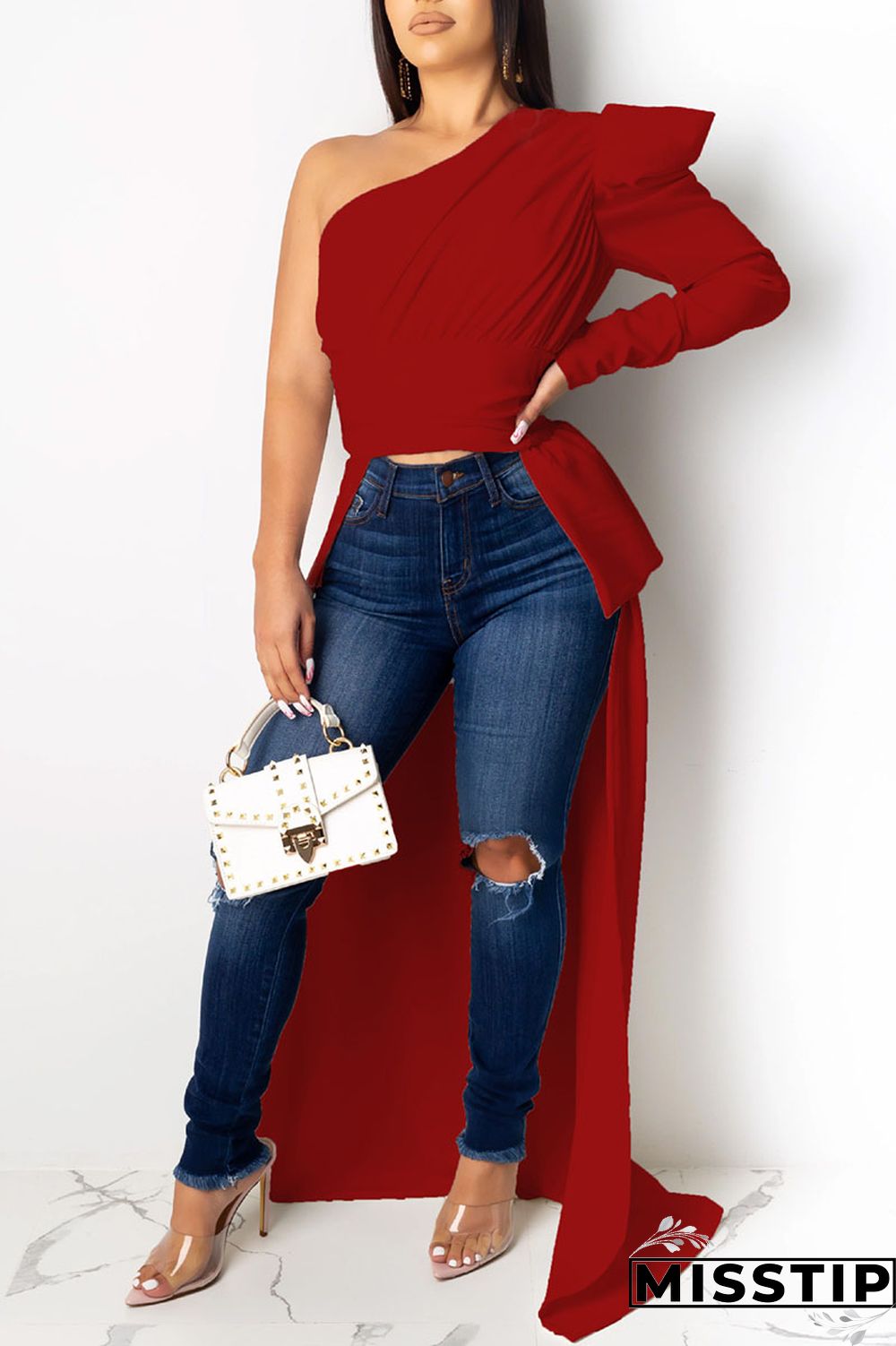 Navy Blue One Shoulder Collar Long Sleeve asymmetrical crop top Solid