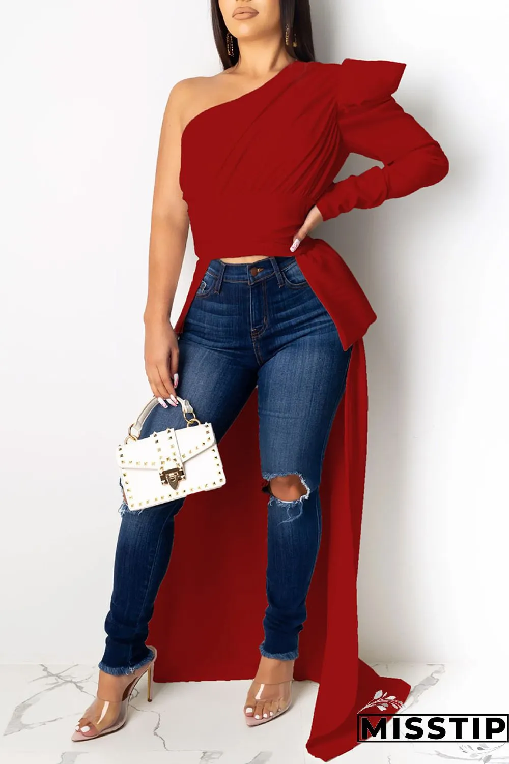 Navy Blue One Shoulder Collar Long Sleeve asymmetrical crop top Solid