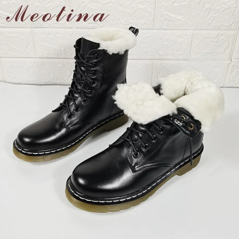 Meotina Natural Wool Fur Platform Mid Heel Motorcycle Boots Women Shoes Real Leather Short Boots Lace Up Block Heels Ankle Boot