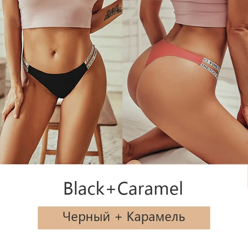 FINETOO 2Pcs/set Seamless Thongs Women Brazilian Underwear M-XL Female Panties Fashion Hollow Low Waist Letter Bikini Panty 2021