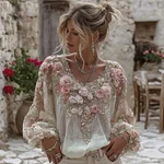 Women's Vintage Pink Rose Embroidery Art Round Neck Linen Blend T-shirt - Image 2