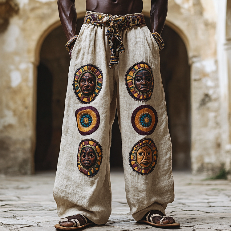 VChics Men's African Mask Ethnic Art Linen Casual Wide Leg Pants