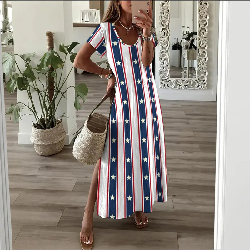  Women's Star Flag Art Print Short Sleeve Dress Westsshops