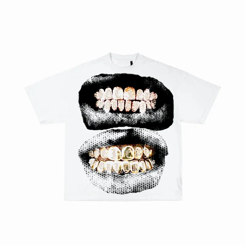 Aonga Summer Pure Cotton Oversized Teeth Graphic T Shirts for Men Women Y2k Top Hip Hop Harajuku Fashion Round Neck Pure Short Sleeves aonga