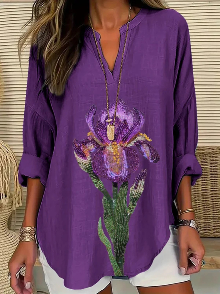 Comstylish Women's Purple Flower Art Casual V Neck Shirt