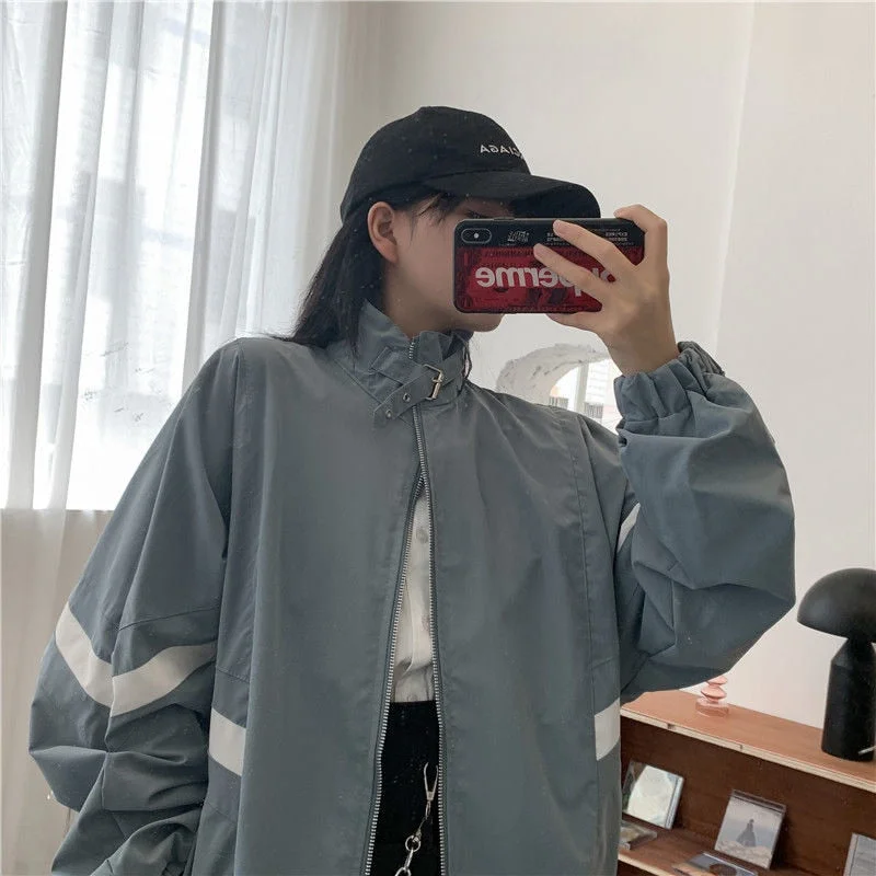 Huibahe Harajuku Fashion Jacket Women Oversize Vintage Zipper Y2k Streetwear College Style Summer Jackets Windbreakers Loose