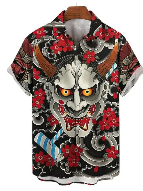 Fierce Oni Mask and Blossoms Black Button-Up Shirt PLUSCLOTHESMAN