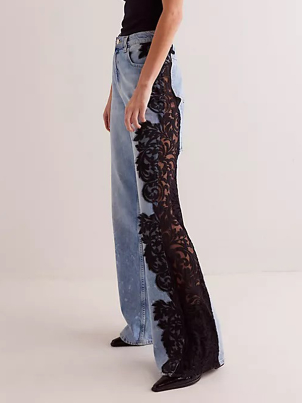 Lace Patchwork Denim Pocket Long Pants