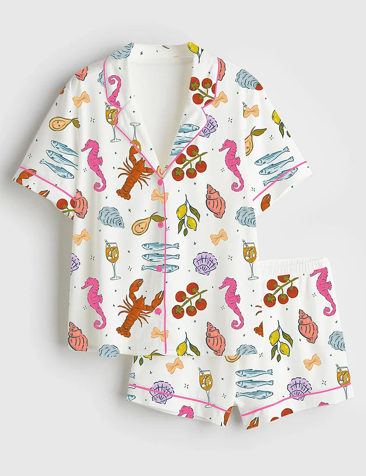 Women&rsquo;s Italian Summer Beach Mediterranean La Dolce Vita European Coastal Print Short Sleeve Satin Pajama Set