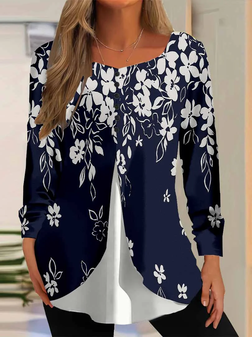 Women Floral,Blue DZGG8274 Long Sleeve Scoop Neck Printed Graphic Button Fake 2in1 Tops