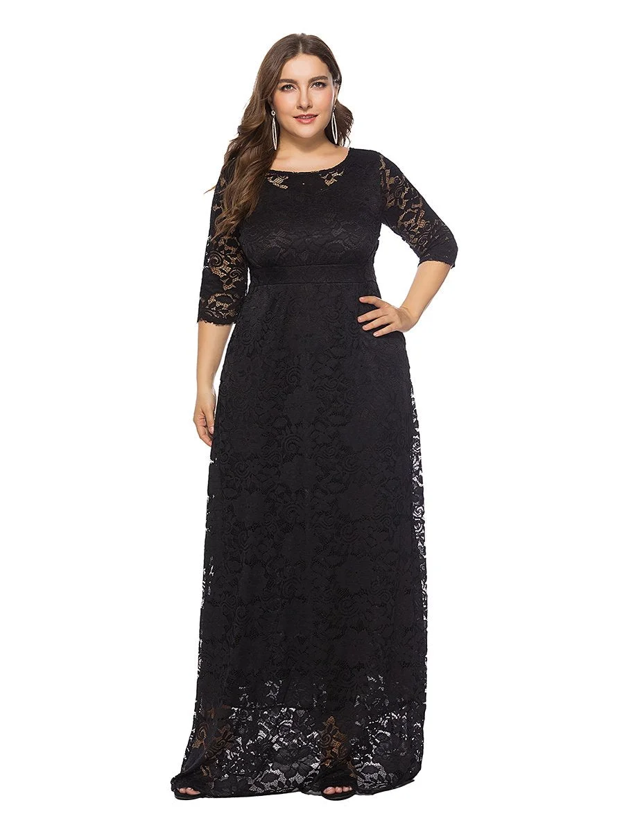 Plus Size Dress O Neck Three Quarters Sleeve Solid Color Lace Maxi Long Dress