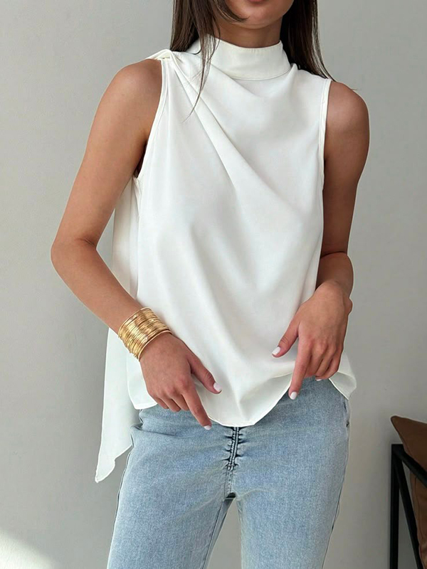 Loose Sleeveless Asymmetric Pleated Solid Color Split-Joint High Neck Vest Top