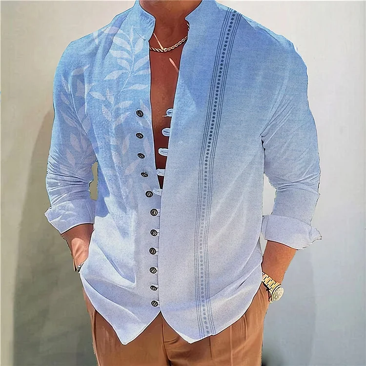 Men's Daily Stand Collar Buttons Gradient Leaf Pattern Long Sleeve Shirt