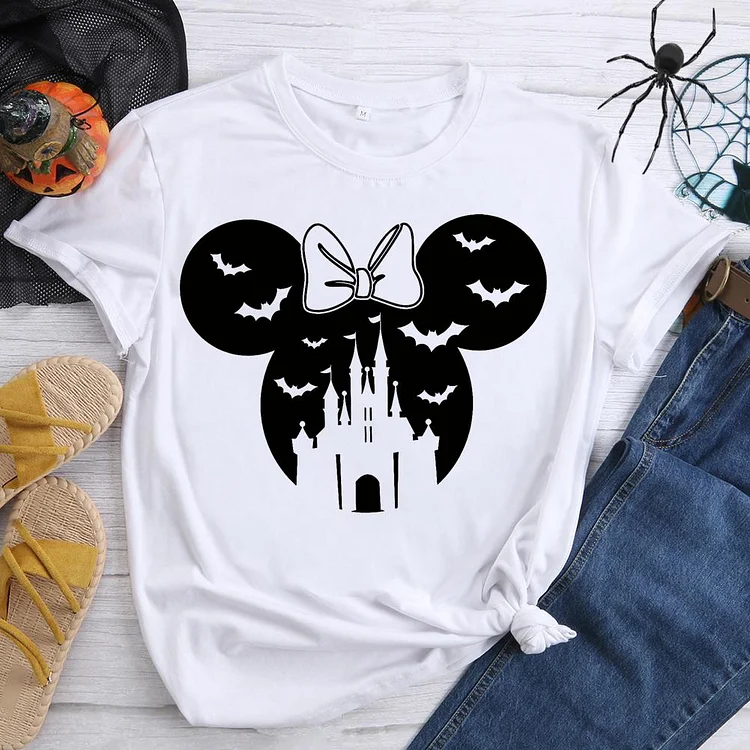 Halloween Mickey Castle Round Neck T-shirt-0019092