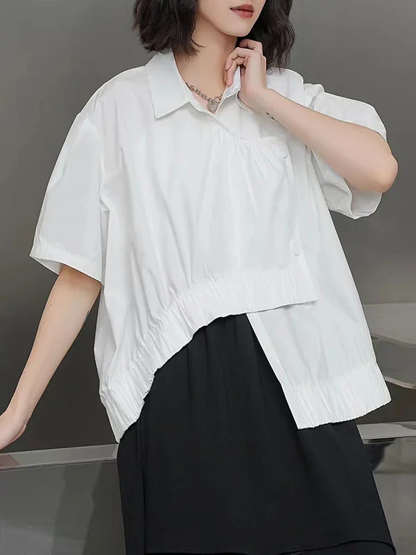 Irregular Clipping Short Sleeves Pleated Pure Color Lapel Blouses&Shirts Tops