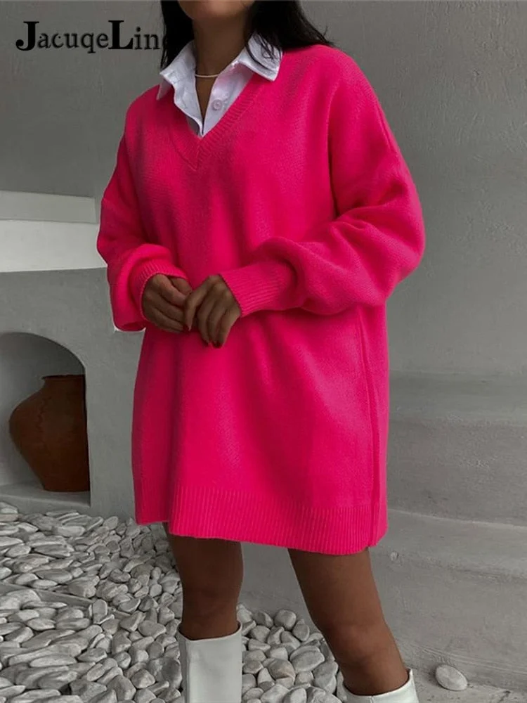 JacuqeLine Autumn Winter 2021 Y2K Sexy Knitted Women's Dress Sweater Oversize Long Sleeve V Neck Casual Top Mini Party Dresses