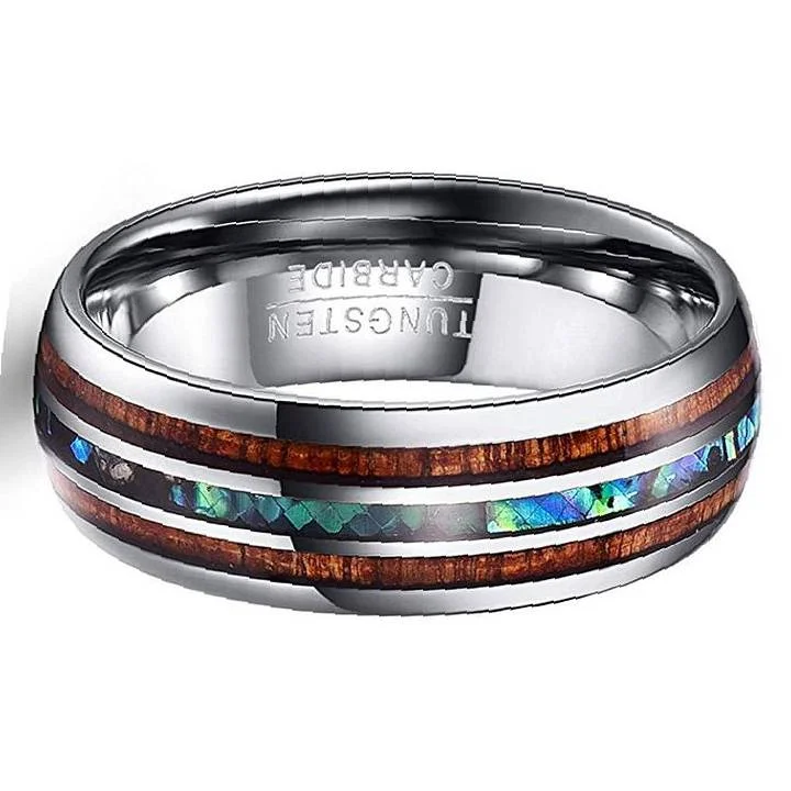 6MM 8MM Tungsten Rings Hawaiian Koa Wood Abalone Shell Imitated Opal Inlay Tungsten Carbide Wedding Bands for Womens Men Comfort Fit