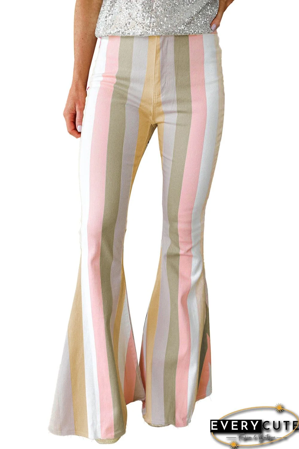 Multicolor Color Block Striped High Waist Flare Pants