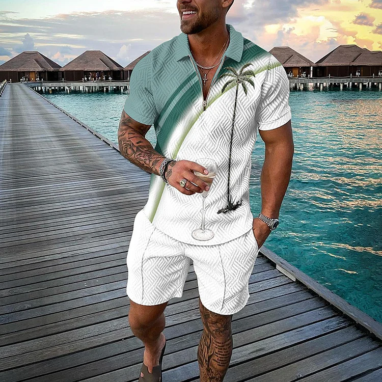 VChics Men's Isolated Summer Tropical Palmfrond Short Sleeve Polo Shirt And Shorts Co-Ord