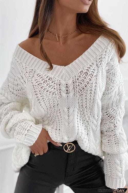 Hollow V Neck Loose Sweater