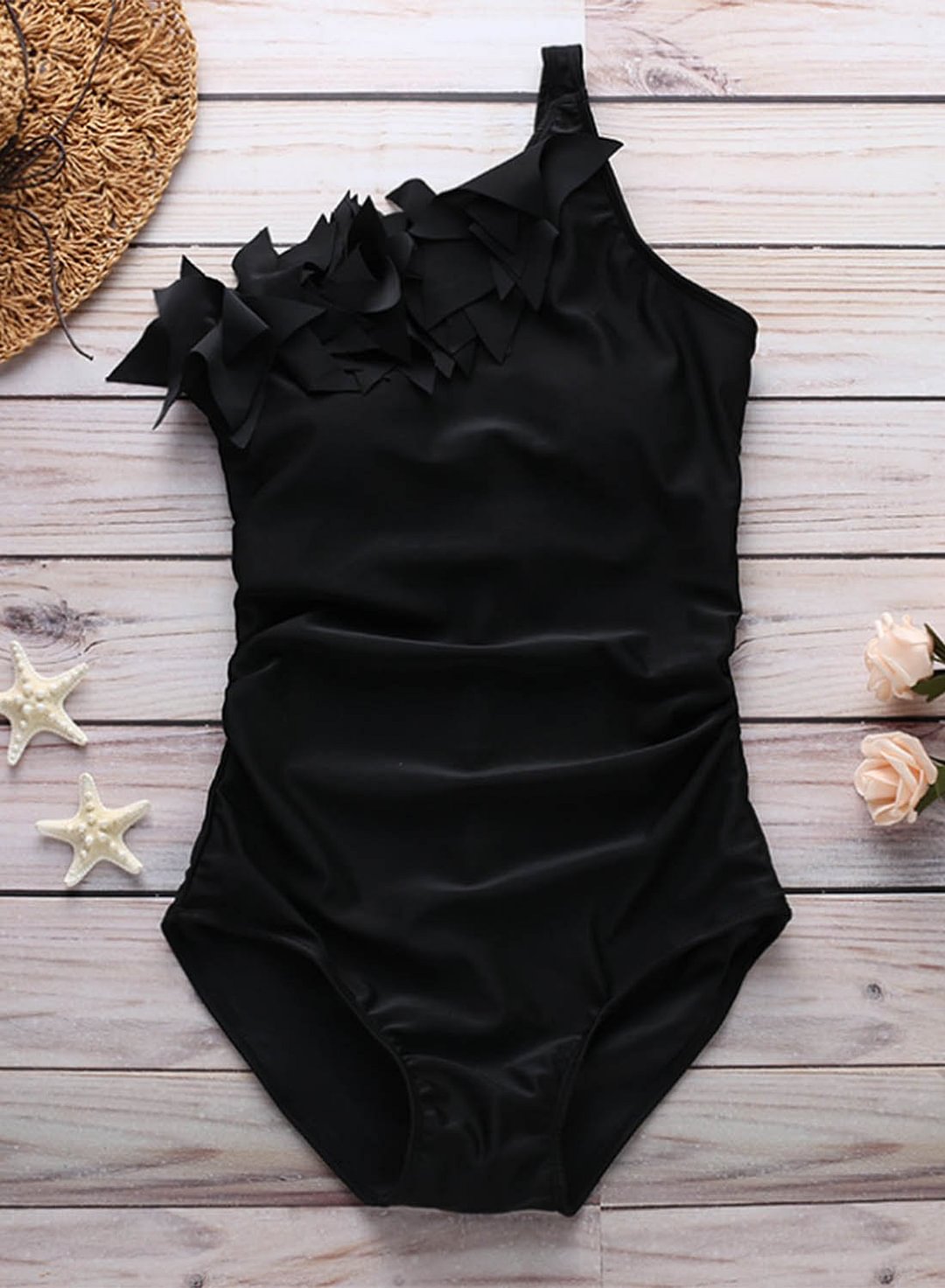 Womens One Shoulder Ruffle Ruched One Piece Swimsuit Solid Padded Sleeveless Monokini Bathing Suit 