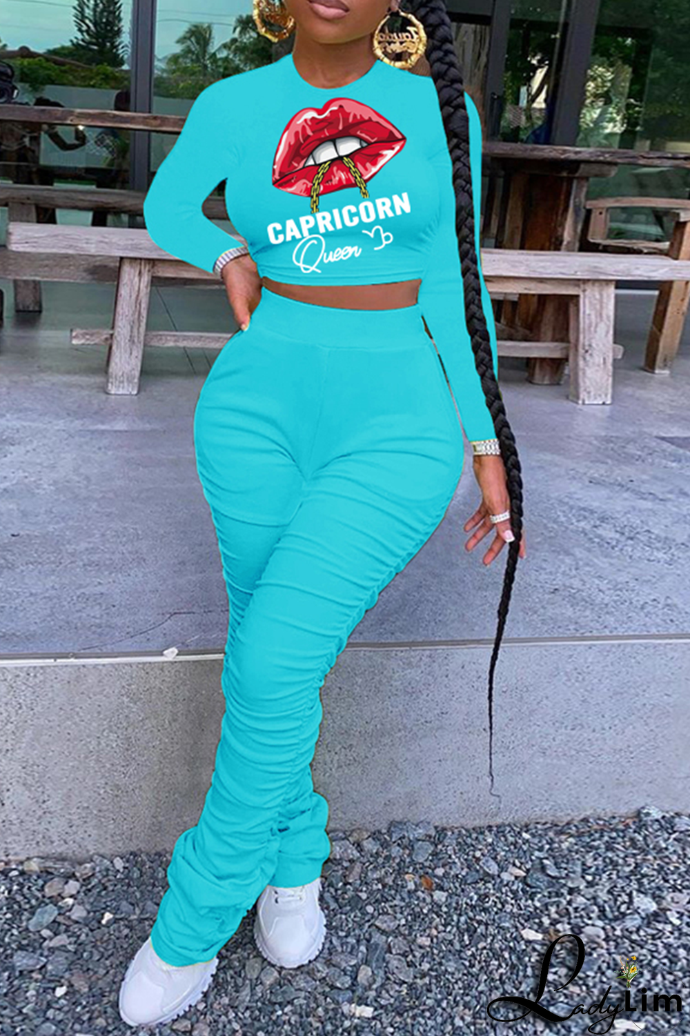 Green Fashion Lips Printed Patchwork O Neck Long Sleeve Two Pieces